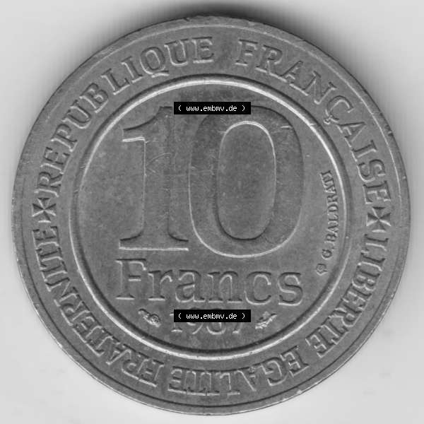 Grau bzw. s/w Münze Frankreich 1987-1987, 10 Francs 1000 Jahre König Hugo Capet erster König von Frankreich. Vorderseite der alten französischen Umlaufmünze aus Frankreich in der... Sammlung Graustufen
