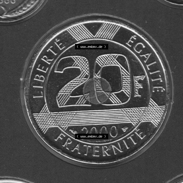 Grau bzw. s/w Münze Frankreich 2000, 20 Francs. Vorderseite der alten französischen Umlaufmünze aus Frankreich in der Francs-Währung zum katalogisieren und verwalten im Münzen-Katalog... Sammlung Graustufen