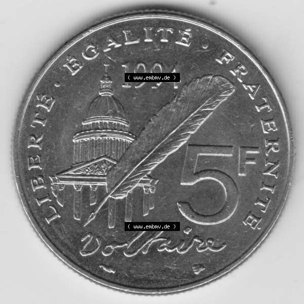 Grau bzw. s/w Münze Frankreich 1994-1994, 5 Francs Liberte Egalite Fraternite. Vorderseite der alten französischen Umlaufmünze aus Frankreich in der Francs-Währung zum katalogisieren... Sammlung Graustufen