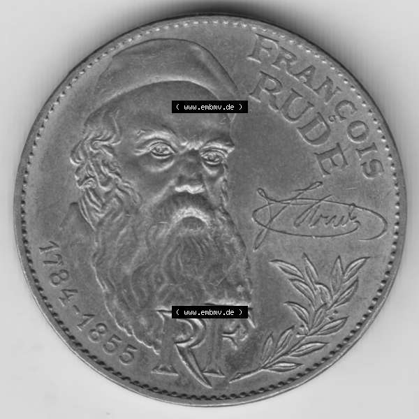 Grau bzw. s/w Münze Frankreich 1984-1984, 10 Francs Francois Rude. Vorderseite der alten französischen Umlaufmünze aus Frankreich in der Francs-Währung zum katalogisieren und verwalten... Sammlung Graustufen