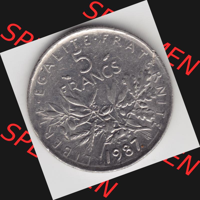 Münze Frankreich 1970-2001, 5 Francs 1985 Liberte Egalite Fraternite. Vorderseite der alten französischen Umlaufmünze aus Frankreich in der Francs-Währung zum katalogisieren... Sammlung