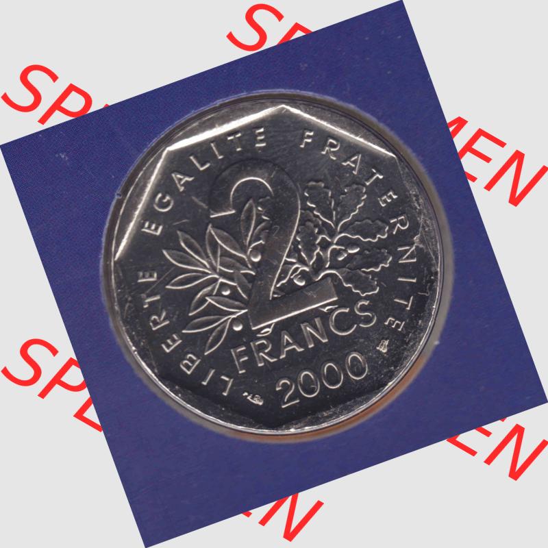 Münze Frankreich 2000, 2 Francs. Vorderseite der alten französischen Umlaufmünze aus Frankreich in der Francs-Währung zum katalogisieren und verwalten im Münzen-Katalog... Sammlung
