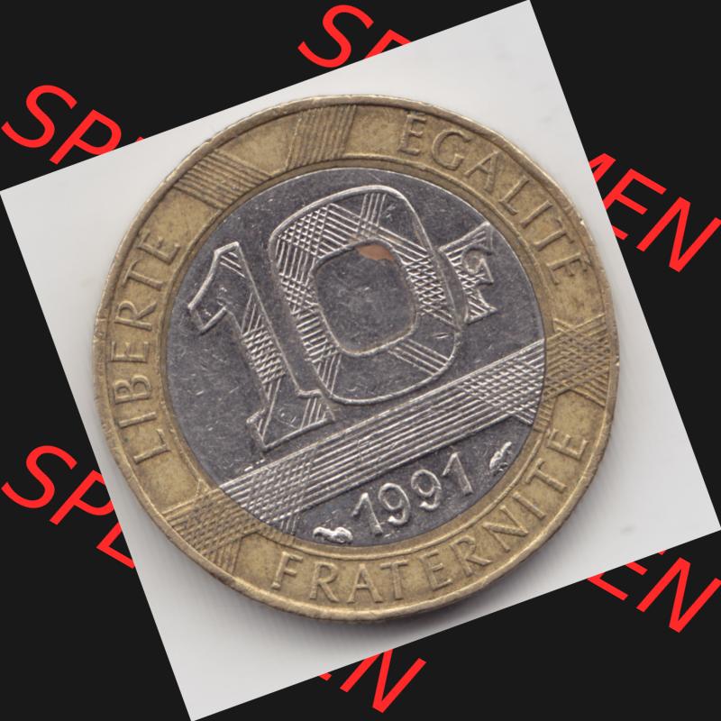 Münze Frankreich 1991, 10 Francs. Vorderseite der alten französischen Umlaufmünze aus Frankreich in der Francs-Währung zum katalogisieren und verwalten im Münzen-Katalog... Sammlung