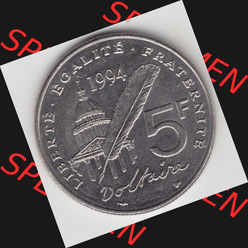 Münze Frankreich 1994-1994, 5 Francs Liberte Egalite Fraternite. Vorderseite der alten französischen Umlaufmünze aus Frankreich in der Francs-Währung zum katalogisieren... Sammlung