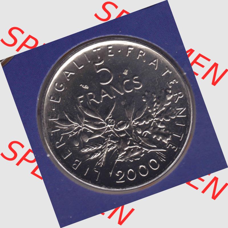 Münze Frankreich 2000, 5 Francs. Vorderseite der alten französischen Umlaufmünze aus Frankreich in der Francs-Währung zum katalogisieren und verwalten im Münzen-Katalog... Sammlung
