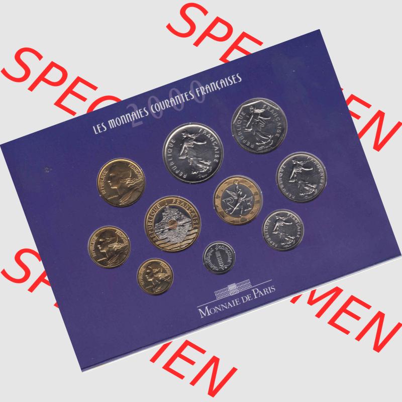 Münze Frankreich 2000, KMS, Münzsatz. Vorderseite der alten französischen Umlaufmünze aus Frankreich in der Francs-Währung zum katalogisieren und verwalten im... Sammlung