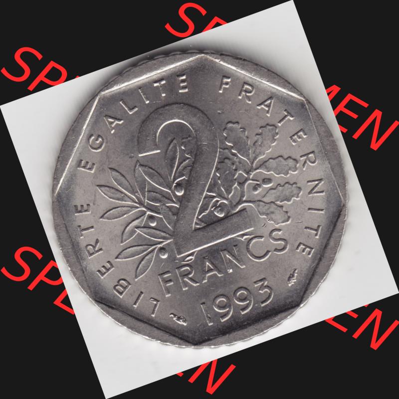 Münze Frankreich 1993-1993, 2 Francs Jean Moulin. Vorderseite der alten französischen Umlaufmünze aus Frankreich in der Francs-Währung zum katalogisieren und verwalten... Sammlung