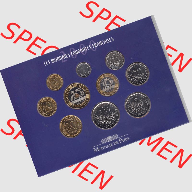 Münze Frankreich 2000, KMS, Münzsatz. Rückseite der alten französischen Umlaufmünze aus Frankreich in der Francs-Währung zum katalogisieren und verwalten... Sammlung