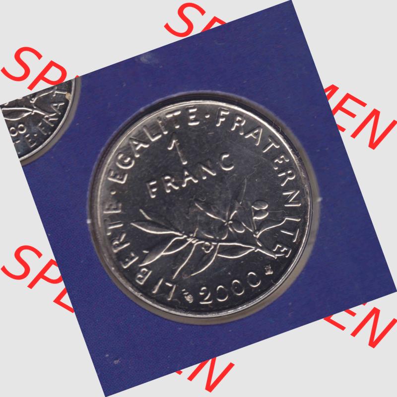Münze Frankreich 2000, 1 Francs. Vorderseite der alten französischen Umlaufmünze aus Frankreich in der Francs-Währung zum katalogisieren und verwalten im Münzen-Katalog... Sammlung
