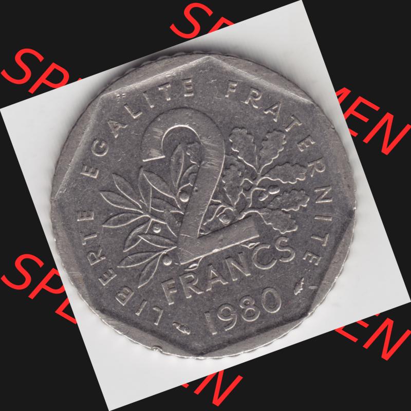 Münze Frankreich 1979-2001, 2 Francs 1980 Säerin Semeuse. Vorderseite der alten französischen Umlaufmünze aus Frankreich in der Francs-Währung zum katalogisieren und... Sammlung