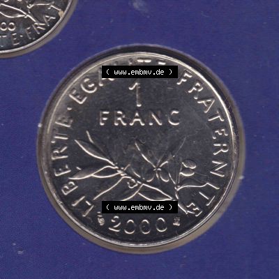Münze Frankreich 2000, 1 Francs. Vorderseite der alten französischen Umlaufmünze aus Frankreich in der Francs-Währung zum katalogisieren und verwalten im Münzen-Katalog... Sammlung