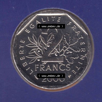 Münze Frankreich 2000, 2 Francs. Vorderseite der alten französischen Umlaufmünze aus Frankreich in der Francs-Währung zum katalogisieren und verwalten im Münzen-Katalog... Sammlung