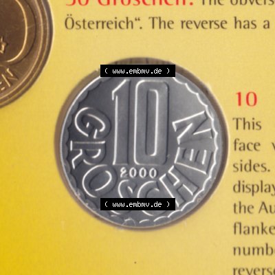 Münzen Österreich Umlaufmünze aus Münzsatz 1951-2001 10 Groschen 2000, Bild mit Vorderseite der Münze aus Österreich als Bildmaterial, für dich selbst Sammlung