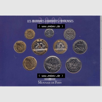 Münze Frankreich 2000, KMS, Münzsatz. Rückseite der alten französischen Umlaufmünze aus Frankreich in der Francs-Währung zum katalogisieren und verwalten... Sammlung