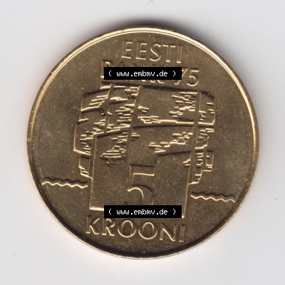 Münzen Estland Umlaufmünze 1994, 5 Krooni. Vorderseite der alten estländische Umlaufmünze aus Estland zum katalogisieren und verwalten im Münzen-Katalog Estland und... Sammlung