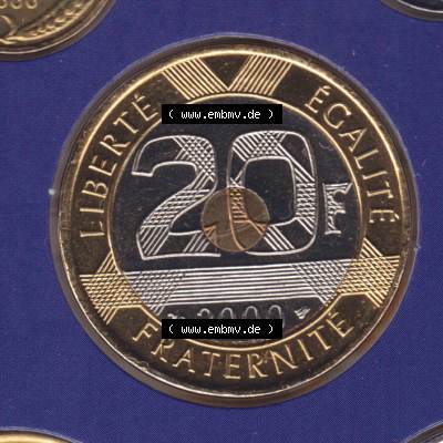 Münze Frankreich 2000, 20 Francs. Vorderseite der alten französischen Umlaufmünze aus Frankreich in der Francs-Währung zum katalogisieren und verwalten im Münzen-Katalog... Sammlung