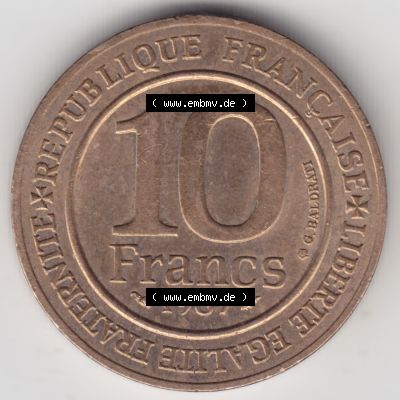 Münze Frankreich 1987-1987, 10 Francs 1000 Jahre König Hugo Capet erster König von Frankreich. Vorderseite der alten französischen Umlaufmünze aus Frankreich in der... Sammlung