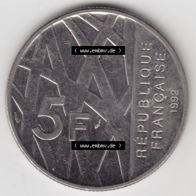 Münze Frankreich 1992-1992, 000500. 5 Francs Franken in Nickel. Vorderseite der alten französischen Umlaufmünze aus Frankreich in der Francs-Währung zum katalogisieren... Sammlung