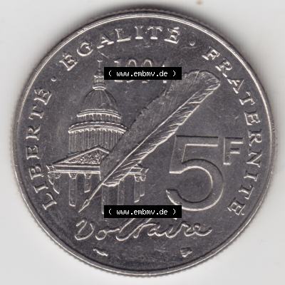 Münze Frankreich 1994-1994, 5 Francs Liberte Egalite Fraternite. Vorderseite der alten französischen Umlaufmünze aus Frankreich in der Francs-Währung zum katalogisieren... Sammlung