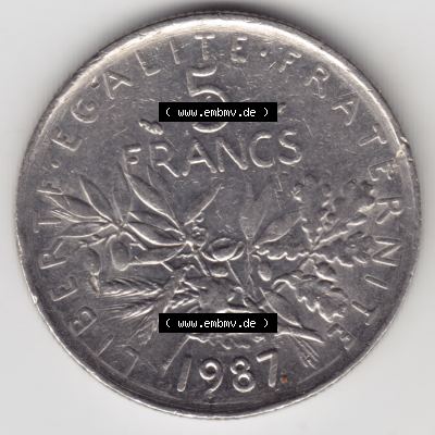 Münze Frankreich 1970-2001, 5 Francs 1985 Liberte Egalite Fraternite. Vorderseite der alten französischen Umlaufmünze aus Frankreich in der Francs-Währung zum katalogisieren... Sammlung
