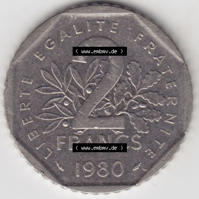 Münze Frankreich 1979-2001, 2 Francs 1980 Säerin Semeuse. Vorderseite der alten französischen Umlaufmünze aus Frankreich in der Francs-Währung zum katalogisieren und... Sammlung