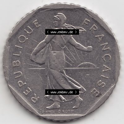 Münze Frankreich 1979-2001, 2 Francs 1980 Säerin Semeuse. Rückseite der alten französischen Umlaufmünze aus Frankreich in der Francs-Währung zum katalogisieren... Sammlung