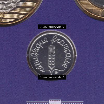 Münze Frankreich 2000, 1 Centime. Rückseite der alten französischen Umlaufmünze aus Frankreich in der Francs-Währung zum katalogisieren und verwalten im Münzen-Katalog... Sammlung