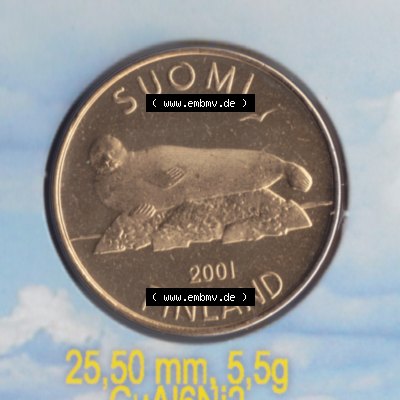 Münze Finnland 2001, 5 Markkaa, Mark. Rückseite der alten finnischen Umlaufmünze aus Finnland SUOMI zum katalogisieren und verwalten im Münzen-Katalog Finnland mit... Sammlung