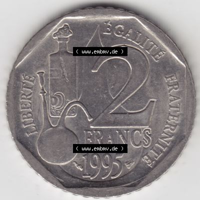 Münze Frankreich 1995-1995, 2 France Louis Rasteur. Vorderseite der alten französischen Umlaufmünze aus Frankreich in der Francs-Währung zum katalogisieren und verwalten... Sammlung