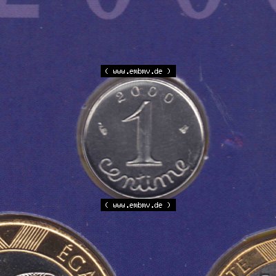 Münze Frankreich 2000, 1 Centime. Vorderseite der alten französischen Umlaufmünze aus Frankreich in der Francs-Währung zum katalogisieren und verwalten im Münzen-Katalog... Sammlung