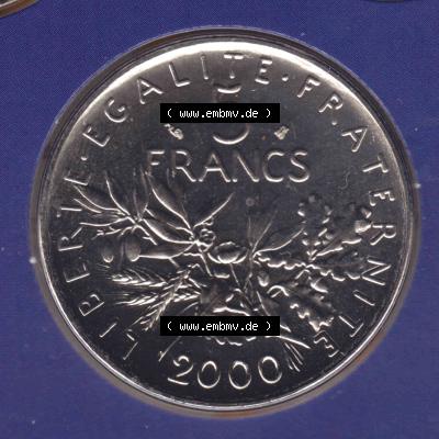 Münze Frankreich 2000, 5 Francs. Vorderseite der alten französischen Umlaufmünze aus Frankreich in der Francs-Währung zum katalogisieren und verwalten im Münzen-Katalog... Sammlung