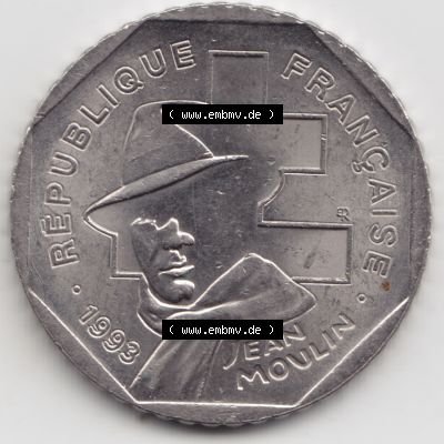 Münze Frankreich 1993-1993, 2 Francs Jean Moulin. Rückseite der alten französischen Umlaufmünze aus Frankreich in der Francs-Währung zum katalogisieren und verwalten... Sammlung