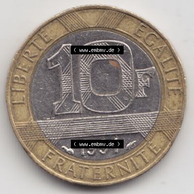 Münze Frankreich 1991, 10 Francs. Vorderseite der alten französischen Umlaufmünze aus Frankreich in der Francs-Währung zum katalogisieren und verwalten im Münzen-Katalog... Sammlung