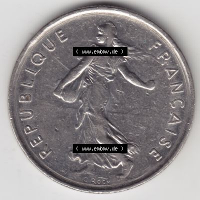 Münze Frankreich 1970-2001, 5 Francs 1985 Liberte Egalite Fraternite. Rückseite der alten französischen Umlaufmünze aus Frankreich in der Francs-Währung zum katalogisieren... Sammlung