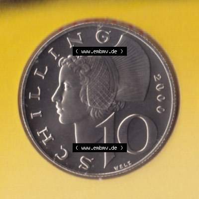 Münzen Österreich Umlaufmünze aus Münzsatz 1974-2001, 10 Schilling 2000, Bild mit Vorderseite der Münze aus Österreich als Bildmaterial, für dich selbst Sammlung
