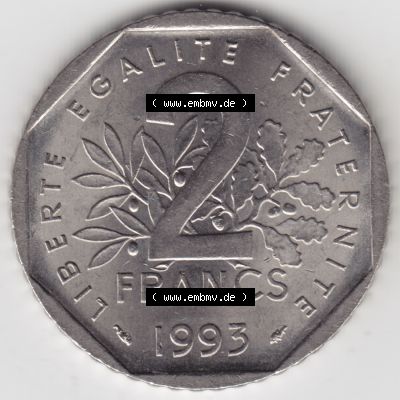 Münze Frankreich 1993-1993, 2 Francs Jean Moulin. Vorderseite der alten französischen Umlaufmünze aus Frankreich in der Francs-Währung zum katalogisieren und verwalten... Sammlung
