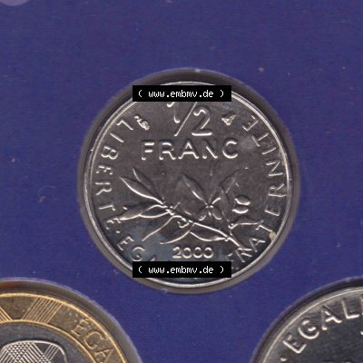 Münze Frankreich 2000, 0,50 Francs. Vorderseite der alten französischen Umlaufmünze aus Frankreich in der Francs-Währung zum katalogisieren und verwalten im Münzen-Katalog... Sammlung