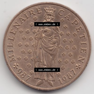 Münze Frankreich 1987-1987, 10 Francs 1000 Jahre König Hugo Capet erster König von Frankreich. Rückseite der alten französischen Umlaufmünze aus Frankreich in... Sammlung