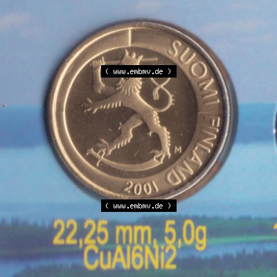 Münze Finnland 2001, 1 Markka, Mark. Rückseite der alten finnischen Umlaufmünze aus Finnland SUOMI zum katalogisieren und verwalten im Münzen-Katalog Finnland mit... Sammlung