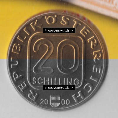 Münzen Österreich Gedenkmünze aus Münzsatz 2000, 20 Schilling 150 Jahre Briefmarken, Bild mit Vorderseite der Münze aus Österreich... Sammlung