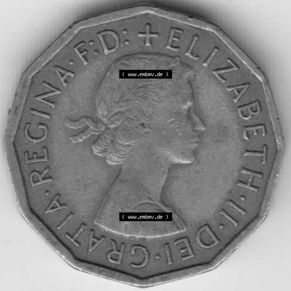 Grau bzw. s/w Münzen Großbritannien Umlaufmünze 1962, 3 Pence. Rückseite der alten britischen Münze aus Großbritannien zum katalogisieren und verwalten im Münzen-Katalog... Sammlung Graustufen