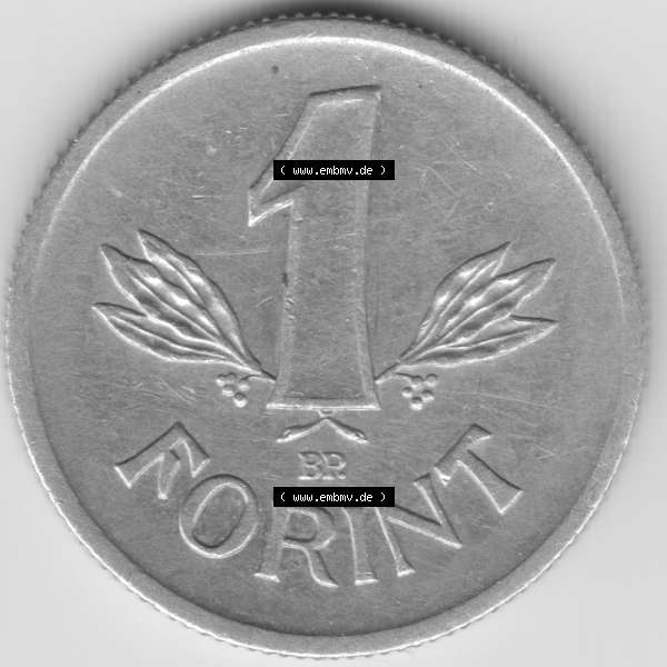 Grau bzw. s/w Münzen Ungarn Umlaufmünze 1968, 1 Forint. Rückseite der Münze aus Ungarn als Bildmaterial für Sammler und Münzen-Webseiten hier im online Katalog und Datenbank... Sammlung Graustufen