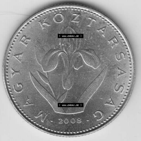 Grau bzw. s/w Münzen Ungarn Umlaufmünze 2008, 20 Forint. Vorderseite der Münze aus Ungarn als Bildmaterial für Sammler und Münzen-Webseiten hier im online Katalog und Datenbank... Sammlung Graustufen