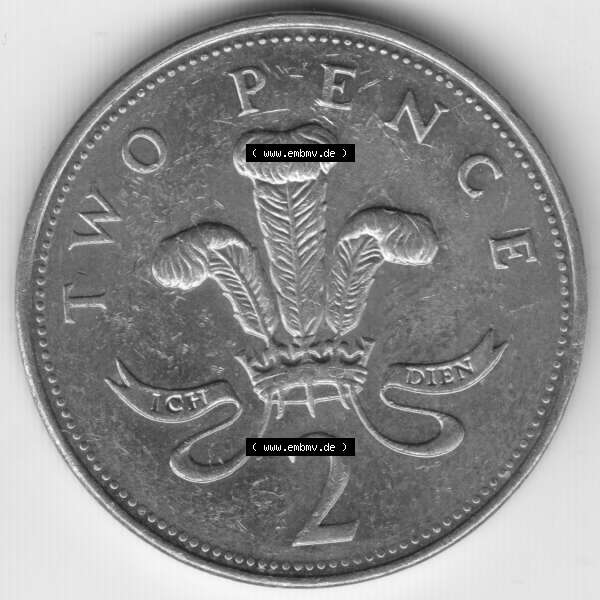 Grau bzw. s/w Münzen Großbritannien Umlaufmünze 2005, 2 Two Pence. Rückseite der alten britischen Münze aus Großbritannien zum katalogisieren und verwalten im Münzen-Katalog... Sammlung Graustufen