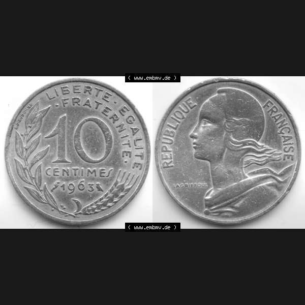 Grau bzw. s/w Münze Frankreich 1963, 10 Centimes. Vorderseite und Rückseite horizontal auf einen digitalen Bild der alten französischen Umlaufmünze 10 Cmes - Centimes - Cent aus Frankreich... Sammlung Graustufen