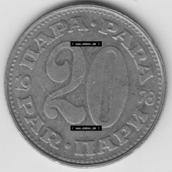 Grau bzw. s/w Münzen Jugoslawien Umlaufmünze 1978, 20 Para, Par, Napa, Bild mit Rückseite der Münze als Bildmaterial Sammlung Graustufen