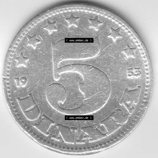 Grau bzw. s/w Münzen Jugoslawien Umlaufmünze 1953, 5 Dinara, Bild mit Vorderseite der Münze zum Download Sammlung Graustufen