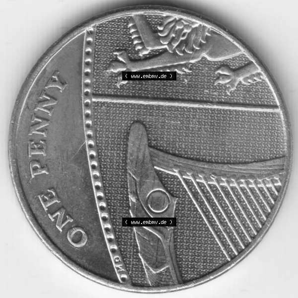 Grau bzw. s/w Münzen Großbritannien Umlaufmünze 2010, 1 Penny. Vorderseite der alten britischen Münze aus Großbritannien zum katalogisieren und verwalten im Münzen-Katalog... Sammlung Graustufen