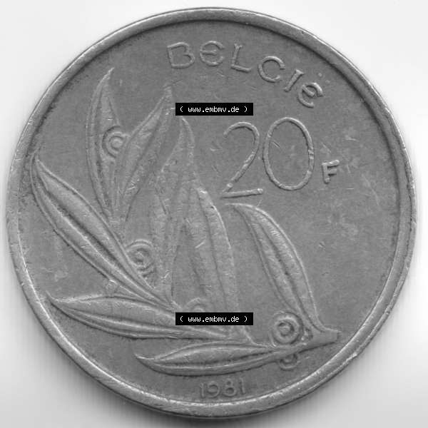 Grau bzw. s/w Münzen Belgien Umlaufmünze 1981. Vorderseite der alten belgischen Francs Umlaufmünze aus Belgien vor Einführung der Euromünzen in Belgien zum katalogisieren und verwalten... Sammlung Graustufen