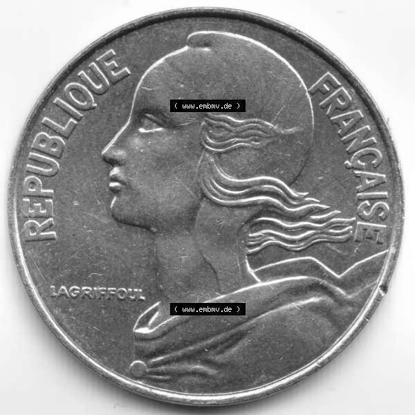 Grau bzw. s/w Münze Frankreich 1989, 20 Centimes. Rückseite der alten französischen Umlaufmünze aus Frankreich in der Francs-Währung zum katalogisieren und verwalten im Münzen-Katalog... Sammlung Graustufen